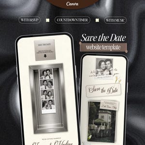 Puede incluir: Dos teléfonos inteligentes que muestran una plantilla de sitio web Save the Date. Las pantallas presentan una tira de fotomatón de una pareja, el texto Save the Date y una foto de un edificio. La interfaz incluye botones WITH RSVP, COUNTDOWNTIMER y WITH MUSIC.