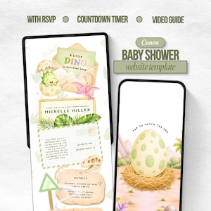 May include: A digital baby shower website template for Canva displayed on two mobile devices. The design features watercolor dinosaur illustrations, a hatching egg, and text including A LITTLE DINO IS HATCHING SOON, MICHELLE MILLER, and TAP TO HATCH THE EGG.