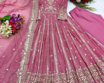 Ensemble Anarkali en georgette rose, robe de mariée brodée de sequins lourds
