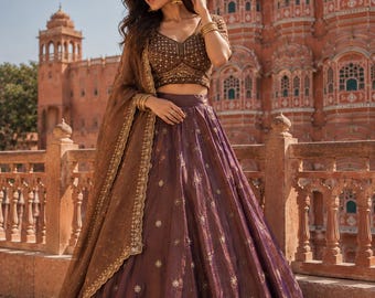 Lehenga Choli brodé marron chocolat, tenue de créateur pour invité de mariage, tenues de fête