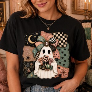 Coquette Halloween Ghost PNG, Patchwork Quilted Ghost with Bow and Candy Sublimation Design