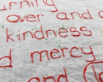 Slow Stitched OOAK Naive Art Blessing on Vintage Fabric. Liezel Graham Stitched Words.