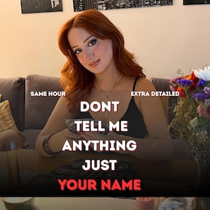 May include: A person with auburn hair wearing a black tank top and layered gold necklaces. Text overlay reads: SAME HOUR EXTRA DETAILED DONT TELL ME ANYTHING JUST YOUR NAME. The person is positioned behind a table with a dark patterned object.