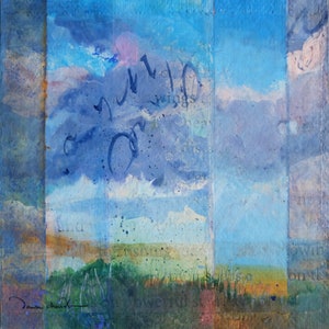 Puede incluir: Pintura abstracta con una combinación de colores azules, verdes y marrones. La pintura presenta un cielo con nubes y un campo de hierba. El texto "and then finish" es visible en la esquina inferior izquierda de la pintura.