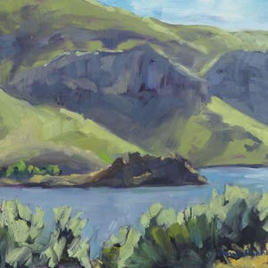 June Afternoon on Lake Owykee plein air painting, Oregon art, bass fishing, landscape painting image 1