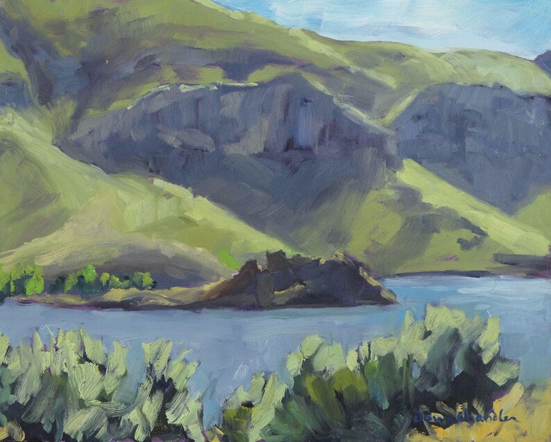 June Afternoon on Lake Owykee plein air painting, Oregon art, bass fishing, landscape painting image 1