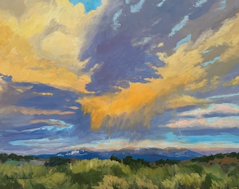 Spring Sunset Clouds Over the Sangres - original New Mexico landscape painting by Santa Fe artist Dawn Chandler