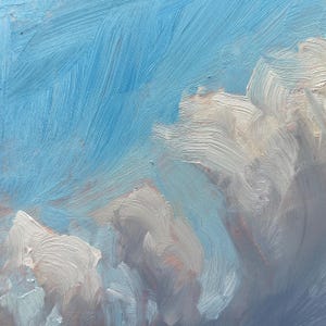 Close-up of dawn sky from October Morning Along Miami Lane by Santa Fe artist Dawn Chandler. Thick, expressive oil brushstrokes capture radiant blue air and pearly morning clouds stretching above the New Mexico plains as light spills across the Philmont horizon.