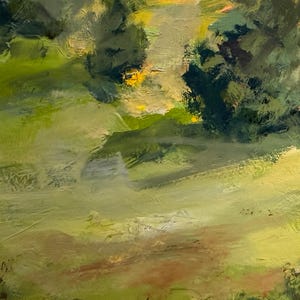 Close-up detail of Abiquiu Field of Summer Gold, an original New Mexico landscape oil painting by Dawn Chandler, focusing on thick, textured brushstrokes of a green and brownish meadow grasses with shrub shadows, highlighting the expressive impasto surface and movement of the late-summer field.