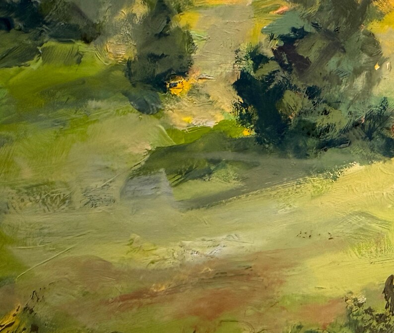 Close-up detail of Abiquiu Field of Summer Gold, an original New Mexico landscape oil painting by Dawn Chandler, focusing on thick, textured brushstrokes of a green and brownish meadow grasses with shrub shadows, highlighting the expressive impasto surface and movement of the late-summer field.