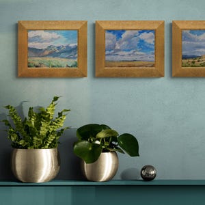 Stylish interior view with three original New Mexico landscape paintings by Santa Fe artist Dawn Chandler, including Spring Morning Over the Taos Mountains, all framed in warm golden frames and hung on a soft blue wall above metallic planters filled with lush green houseplants, showing how the expressive mountain skies and high-desert fields complement modern Southwestern decor and add a fresh, nature-inspired focal point.