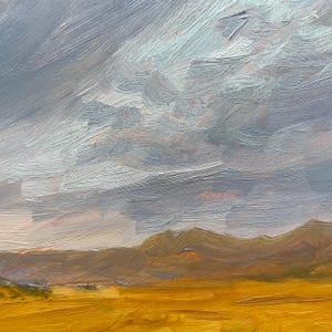Expressive brushwork from October Morning Along Miami Lane by Santa Fe artist Dawn Chandler, showing shifting clouds and violet shadows sweeping across the open plains below the Sangre de Cristo range. The light suggests a crisp, peaceful October morning.