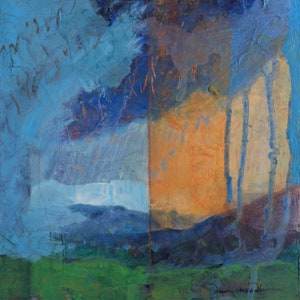 Puede incluir: Pintura abstracta con una combinación de colores azul, naranja y verde. La pintura representa un paisaje con árboles y cielo. La firma del artista es visible en la esquina inferior derecha.