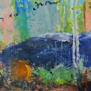 May include: Abstract oil painting with a vibrant color palette. The artwork features a large, dark blue mass, an orange vase, and splashes of green, pink, and blue. Black brushstrokes and a red vertical line add contrast.