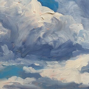 Detail of the cloud‑filled sky in Santa Fe artist Dawn Chandler’s original New Mexico landscape painting Under a High Country August Sky, showing swirling brushwork in deep blues, soft grays, and creamy whites, with hints of warm underpainting peeking through, conveying the movement and drama of late‑summer storm clouds over open high‑country meadows.