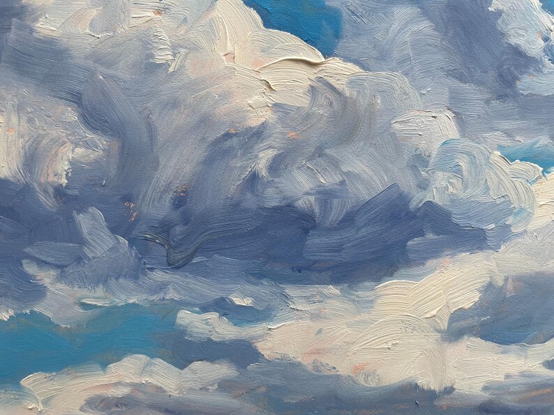 Detail of the cloud‑filled sky in Santa Fe artist Dawn Chandler’s original New Mexico landscape painting Under a High Country August Sky, showing swirling brushwork in deep blues, soft grays, and creamy whites, with hints of warm underpainting peeking through, conveying the movement and drama of late‑summer storm clouds over open high‑country meadows.