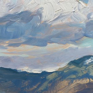Close-up section of original New Mexico landscape painting Spring Morning Over the Taos Mountains by Santa Fe artist Dawn Chandler, focusing on the dynamic sky where broad, gestural strokes of white, lilac, and slate-gray clouds move across pale turquoise and soft blue atmosphere over the mountain ridge, capturing the shifting spring weather and expressive brushwork in the oil paint.
