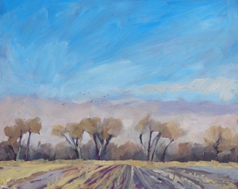 Nebraska Springtime Cottonwoods - (plein air painting, Nebraska painting, Nebraska landscape, farm life, springtime landscape)