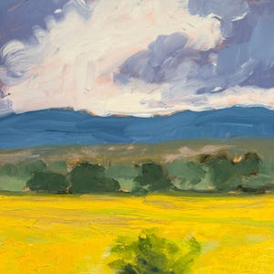 Panoramic detail of Dawn Chandler’s original New Mexico landscape painting, showing a wide band of Abiquiu’s yellow summer field, dark green tree line, distant blue mountains, and soft swirling clouds, with visible brushwork conveying the energy and atmosphere of a late-summer afternoon in northern New Mexico.