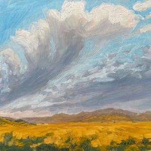 October Morning Along Miami Lane, original New Mexico landscape painting in oil by Santa Fe artist Dawn Chandler, portrays the golden fields and soft morning clouds of Miami, New Mexico. Bathed in the pure light of autumn, the view looks west toward the Sangre de Cristo Mountains of Philmont, glowing beneath expansive blue skies.