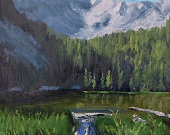 Morning on Nambe Lake (New Mexico landscape, backpacking art, Rocky Mountains, oil painting)