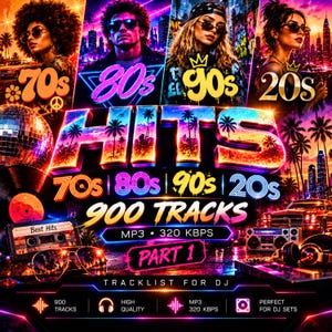 May include: A digital music collection graphic titled HITS featuring 900 TRACKS, PART 1, MP3 320 KBPS. The design displays four people in sunglasses, a disco ball, a cassette tape labeled Best Hits, a boombox, and headphones.