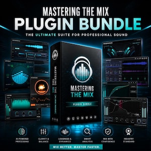 May include: A black box for the Mastering The Mix Plugin Bundle featuring a white headphone icon with a sound wave graphic. The box displays the text Mastering The Mix Plugin Bundle and is surrounded by various software interface windows.