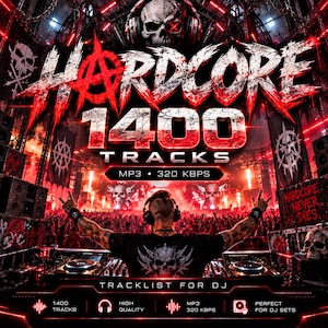 May include: A digital music collection titled Hardcore 1400 Tracks MP3 320 KBPS featuring a DJ at a concert with skulls, red lighting, and the text Hardcore Never Dies. The graphic includes a tracklist for DJ, 1400 tracks, and high quality MP3 320 KBPS.