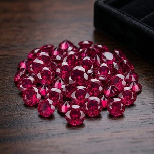 May include: A collection of numerous round-cut, vibrant red gemstones with multiple facets that reflect light. The stones are clustered together in a circular arrangement, displaying a deep, saturated crimson colour throughout each individual piece.