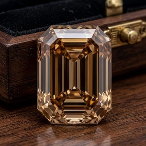 May include: A large, rectangular, emerald-cut gemstone with a warm, golden-brown hue and high clarity. The stone features precise, symmetrical facets that create a series of concentric, light-reflecting geometric patterns across its surface.