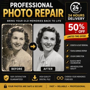 以下が含まれることがあります： ヴィンテージポートレートのビフォーアフター比較を特徴とするプロの写真修復サービス広告。画像には「Professional Photo Repair」、「24 Hours Delivery」、「50% Off」などのテキストが含まれており、傷の除去、破れの修復、カラー化などのサービスが記載されています。