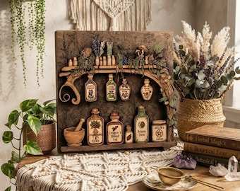 Apothecary Elixir and Potion Wooden Wall Art, Vintage Herbal Decor, Botanical Potion Wall Hanging, Cottagecore Apothecary Accent