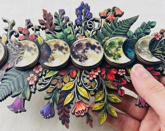 Floral Moon Phase Wooden Wall Art, Witchcraft Pagan Wiccan Decor, Celestial Mystical Moon Wall Hanging