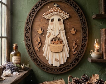 Cute Mushroom Ghost Wooden Wall Art, Halloween Cottagecore Decor, Spooky Fall Wall Hanging, Whimsical Woodland Home Accent