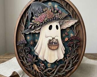 Cute Ghost Witch Hat Wooden Wall Art, Halloween Spooky Fall Decor, Whimsical Witchy Wall Hanging, Haunted House Accent