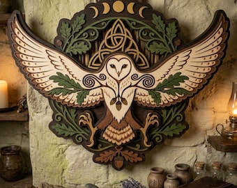 Celestial Owl Moon Phase Wooden Wall Art, Pagan Mystical Decor, Norse Scandinavian Owl Wall Hanging, Nordic Nature Home Accent