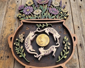 Crescent Moon Cat Witch Cauldron Wooden Wall Art, Floral Witchy Kitchen Decor, Apothecary Celestial Window Hanging