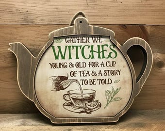Wicca Pagan Witchery Teapot Wooden Sign, Kitchen Witch Decor, Witchy Tea Wall Art, Cottagecore Apothecary Hanging