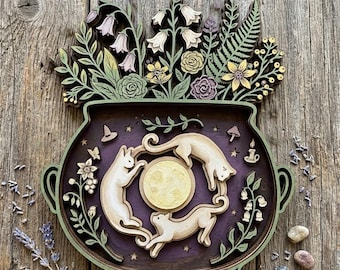 Crescent Moon Cat Witch Cauldron Wooden Wall Art, Floral Apothecary Decor, Witchy Celestial Window Hanging