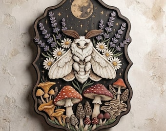 Luna Moth Moon Mushroom Wooden Wall Art, Mystical Woodland Decor, Fungi Botanical Wall Hanging, Cottagecore Nature Home Accent