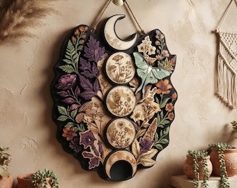 Floral Moon Phase Luna Moth Wooden Wall Art, Witchy Pagan Wiccan Decor, Celestial Botanical Wall Hanging, Mystical Nature Accent