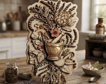 Witch Apothecary Herbal Wooden Wall Art, Kitchen Witchery Decor, Botanical Herb Wall Hanging, Cottage Witch Home Accent