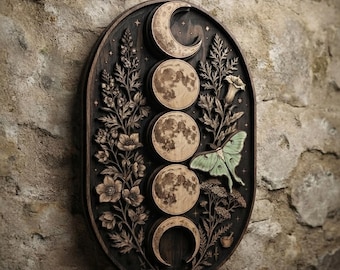 Floral Moon Phase Luna Moth Wooden Wall Art, Celestial Witchy Decor, Mystical Botanical Wall Hanging, Moon and Moth Home Accent