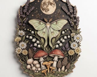 Celestial Luna Moth Mushroom Wooden Wall Art, Moon Phase Botanical Decor, Witchy Fungi Wall Hanging, Mystical Woodland Home Accent