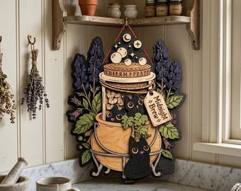 Black Cat Witch Potion Wooden Wall Art, Witchy Magic Brew Decor, Celestial Wiccan Wall Hanging, Gothic Cottagecore Home Accent