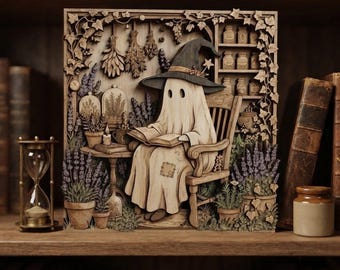 Spooky Ghost Reading Books Wooden Wall Art, Halloween Witchy Decor, Book Lover Wall Hanging, Plant Lover Gothic Home Accent