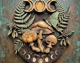 Vintage Moon Phase Mushroom Wooden Wall Art, Retro Boho Fungi Decor, Celestial Botanical Wall Hanging, Witchy Cottagecore Accent