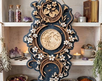 Triple Moon Phase Floral Wooden Wall Art, Witchy Pagan Decor, Celestial Moon Wall Hanging, Mystical Home Accent