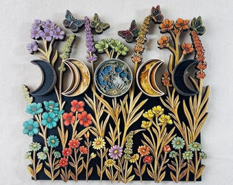 Floral Moon Phase Wooden Wall Art, Celestial Botanical Decor, Witchy Mystical Bedroom Wall Hanging, Lunar Home Accent