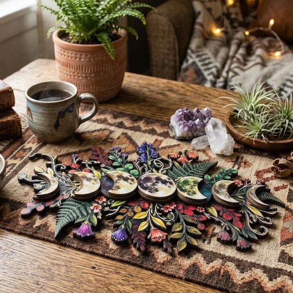 Floral Moon Phase Wooden Wall Art, Witchcraft Pagan Wiccan Decor, Celestial Mystical Moon Wall Hanging
